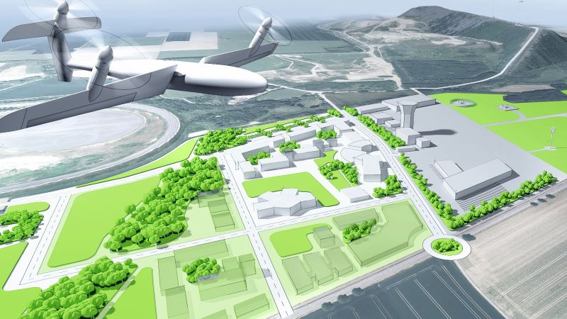 Visualisierung, Drohne fliegt über ländliches Gebiet
