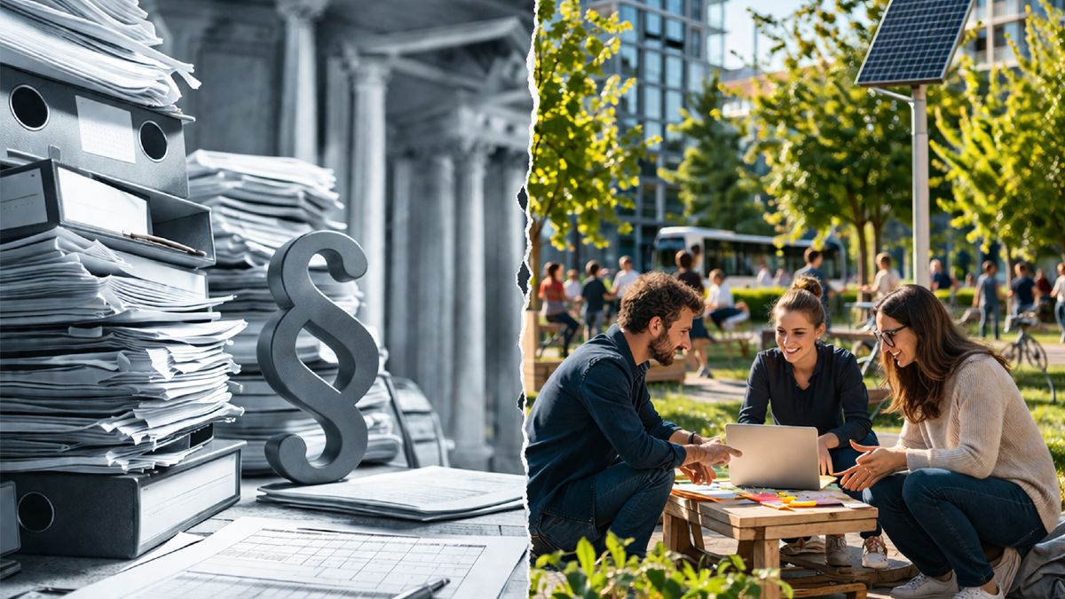 Split-Screen: Links liegen Akten auf einem Schreibtisch. An sie ist ein Paragrafen-Zeichen gelehnt. Die Farben sind Grautöne. Rechts sitzen ein Mann und zwei Frauen mit einem Laptop an einem kleinen Tisch. Die Umgebung ist grün, im Hintergrund ist eine PV-Modul sowie eine Straße, auf der ein moderner Bus fährt zu sehen.