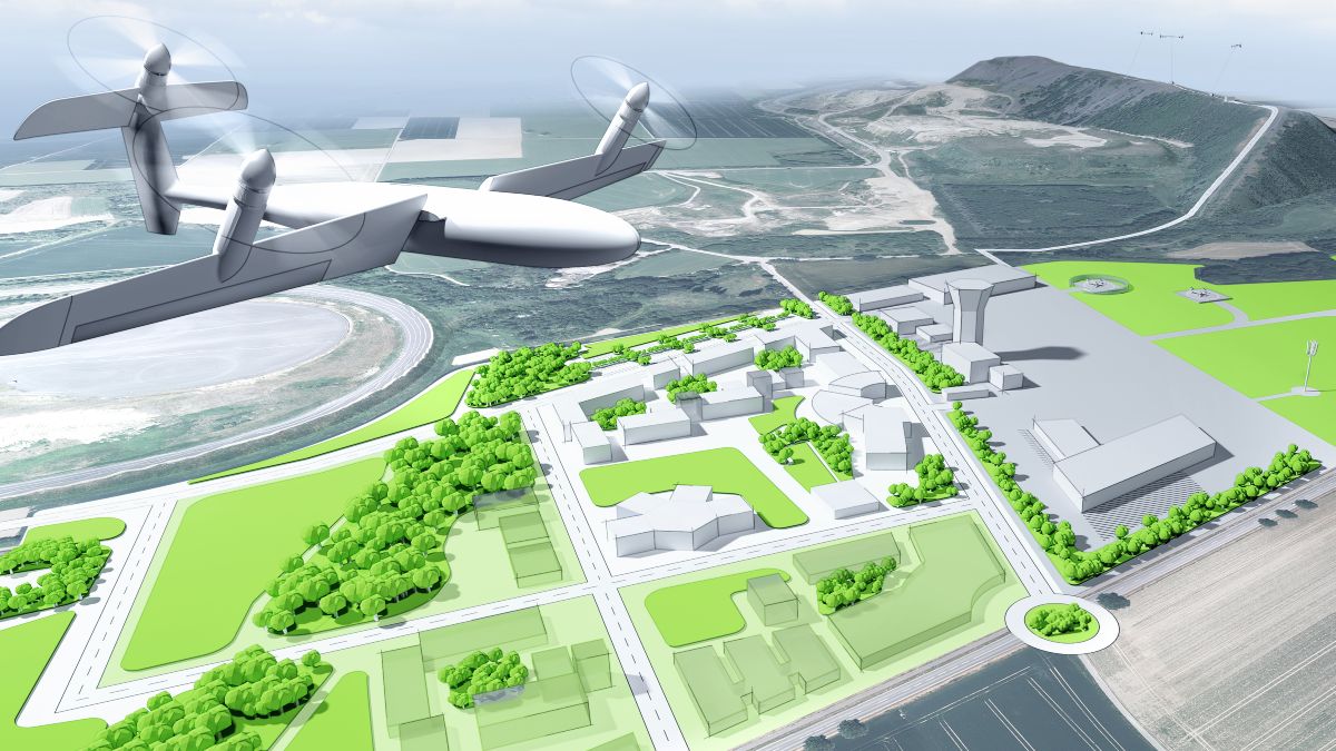 Visualisierung, Drohne fliegt über ländliches Gebiet