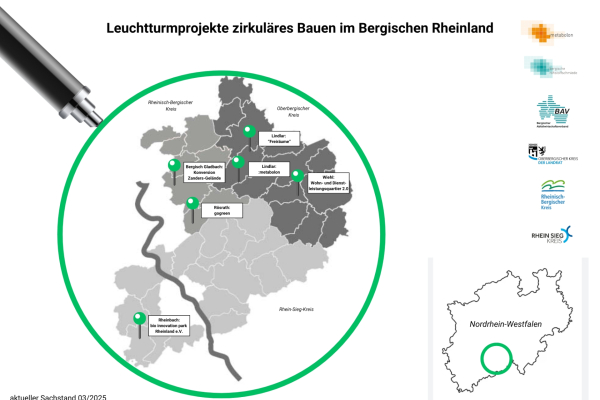 Übersicht der Leuchtturmprojekte Zirkuläres Bauen im Oberbergischen Kreis, im Rheinisch-Bergischen Kreis und im Rhein-Sieg Kreis